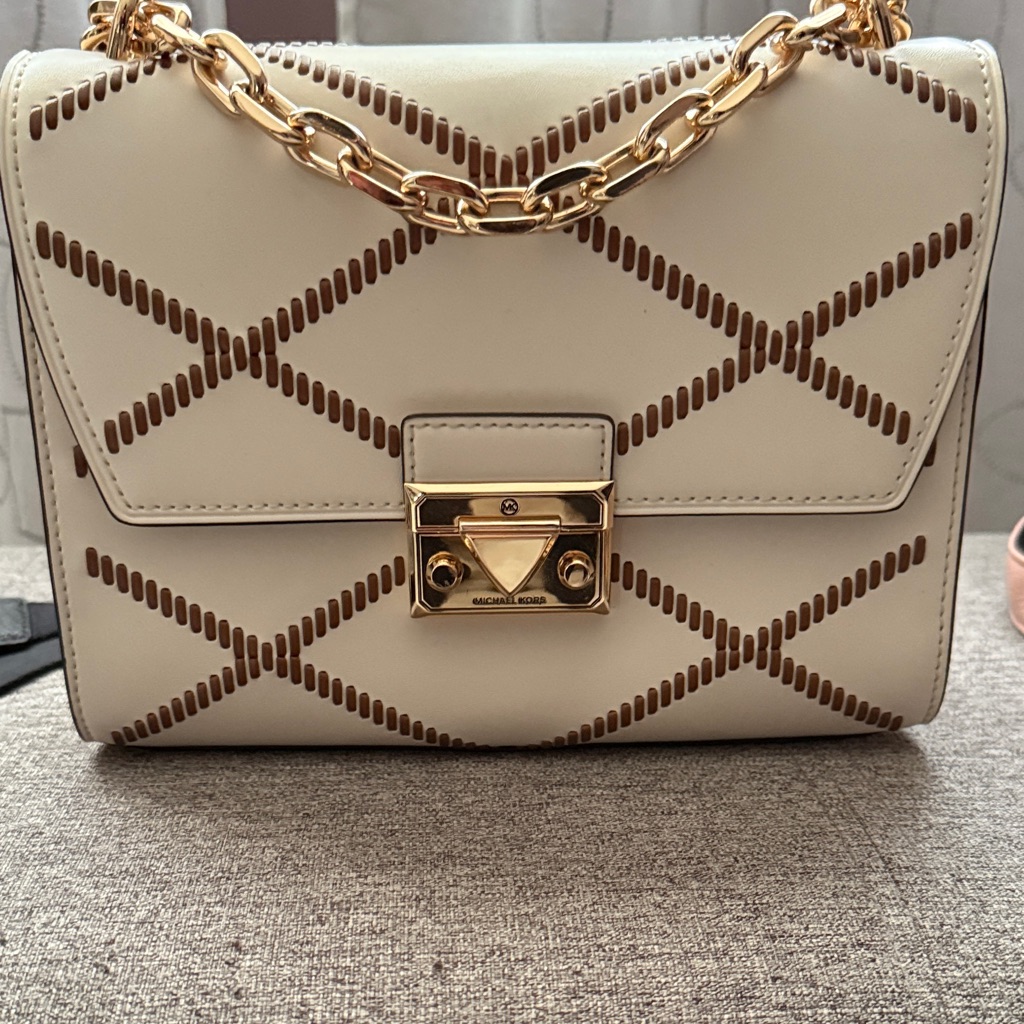 Michael Kors Beige And Brown Crossbody Bag With Gold Chain